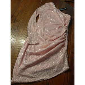 New Medium Eilly Bazar Pink Sequin One Shoulder Bodycon Ruched Party Dress NWT